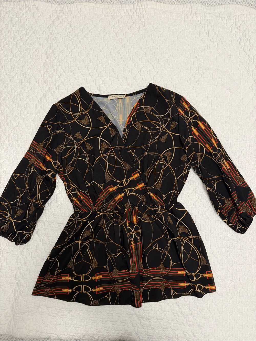 Black Chain-Print V-Neck Peplum Tunic